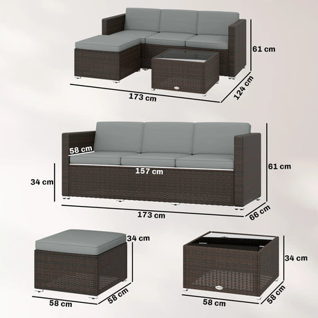 Outsunny 3 Pieces Garden Furniture Set w/ Cushions, PE Rattan Wicker Conversation Corner Sofa Set, Light Grey