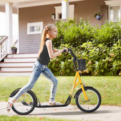 HOMCOM Kids Scooter, Kick Stunt Scooter with Adjustable Handlebar, Dual Brakes, Basket, Cupholder, Mudguard, 16" Inflatable Rubber Wheels, for 5-12 years, Orange