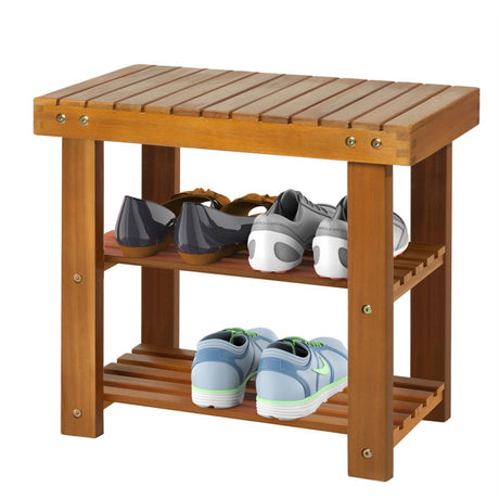 HOMCOM Acacia Wood Shoe Bench,  3-Tier Shoe Storage Rack, Hallway Organizer Shelf, for Entryway, Living Room, Bedroom, 50 x 28 x 45 cm, Teak