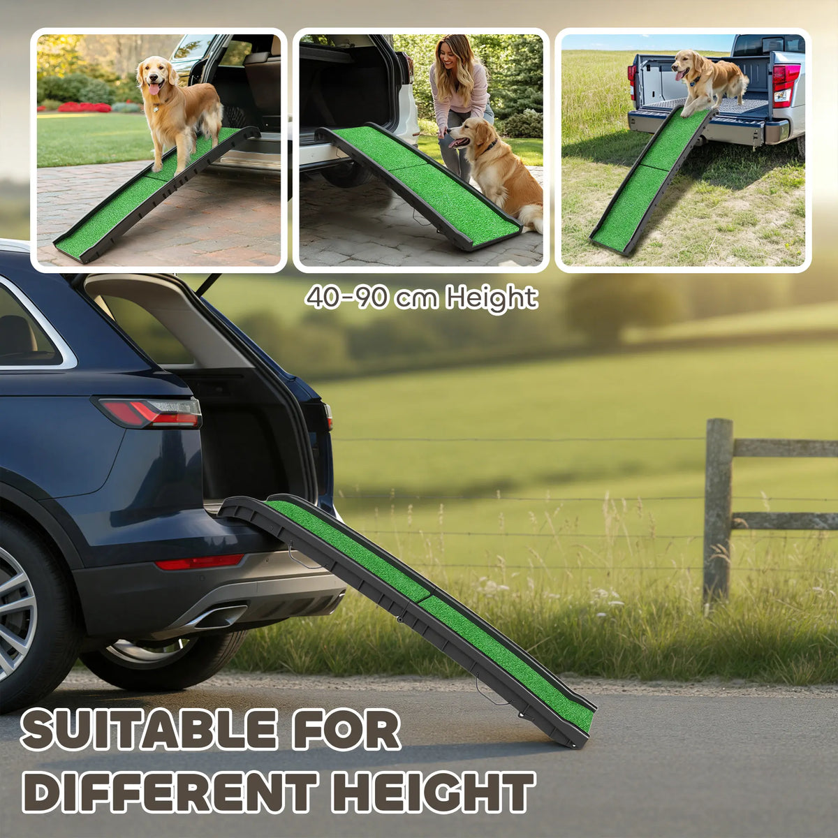 PawHut Foldable Dog Ramp with Artificial Anti-slip Surface, Portable & Lightweight, for Cars, Home, 155 x 38.5 x 15.5 cm