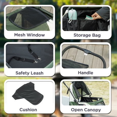 PawHut Foldable Pet Stroller for Large Dogs with Four Big Wheels, Shock-Absorbing Frame, Safety Leashes, Brakes, Dark Green