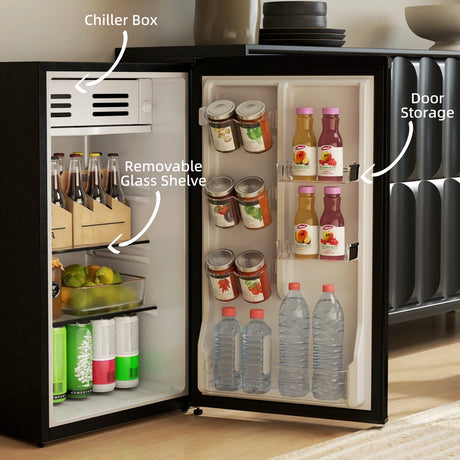 HOMCOM Under Counter Fridge, 85L Small Retro Refrigerator with Chiller Box, Adjustable Thermostat, Glass Shelves, Black