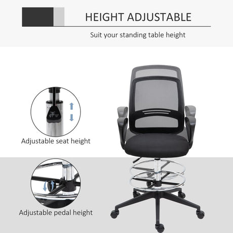 Vinsetto Ergonomic Mesh Back Drafting Chair, Tall Office Chair, Draughtsman Chair with Adjustable Height and Footrest 360° Swivel, Black