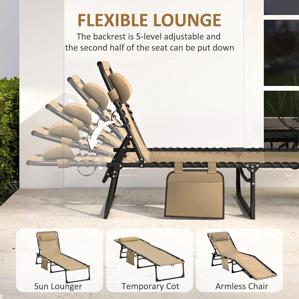 Outsunny Portable Sun Lounger, Folding Camping Bed Cot, Reclining Lounge Chair 5-position Adjustable Backrest with Side Pocket, Pillow for Patio Garden Beach Pool, Beige