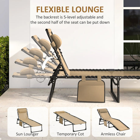 Outsunny Portable Sun Lounger, Folding Camping Bed Cot, Reclining Lounge Chair 5-position Adjustable Backrest with Side Pocket, Pillow for Patio Garden Beach Pool, Beige