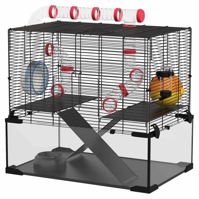 PawHut Gerbil Cage Dwarf Hamster Cage, with Deep Glass Bottom, Tunnels, Hut, Exercise Wheel, 60 x 40 x 57cm