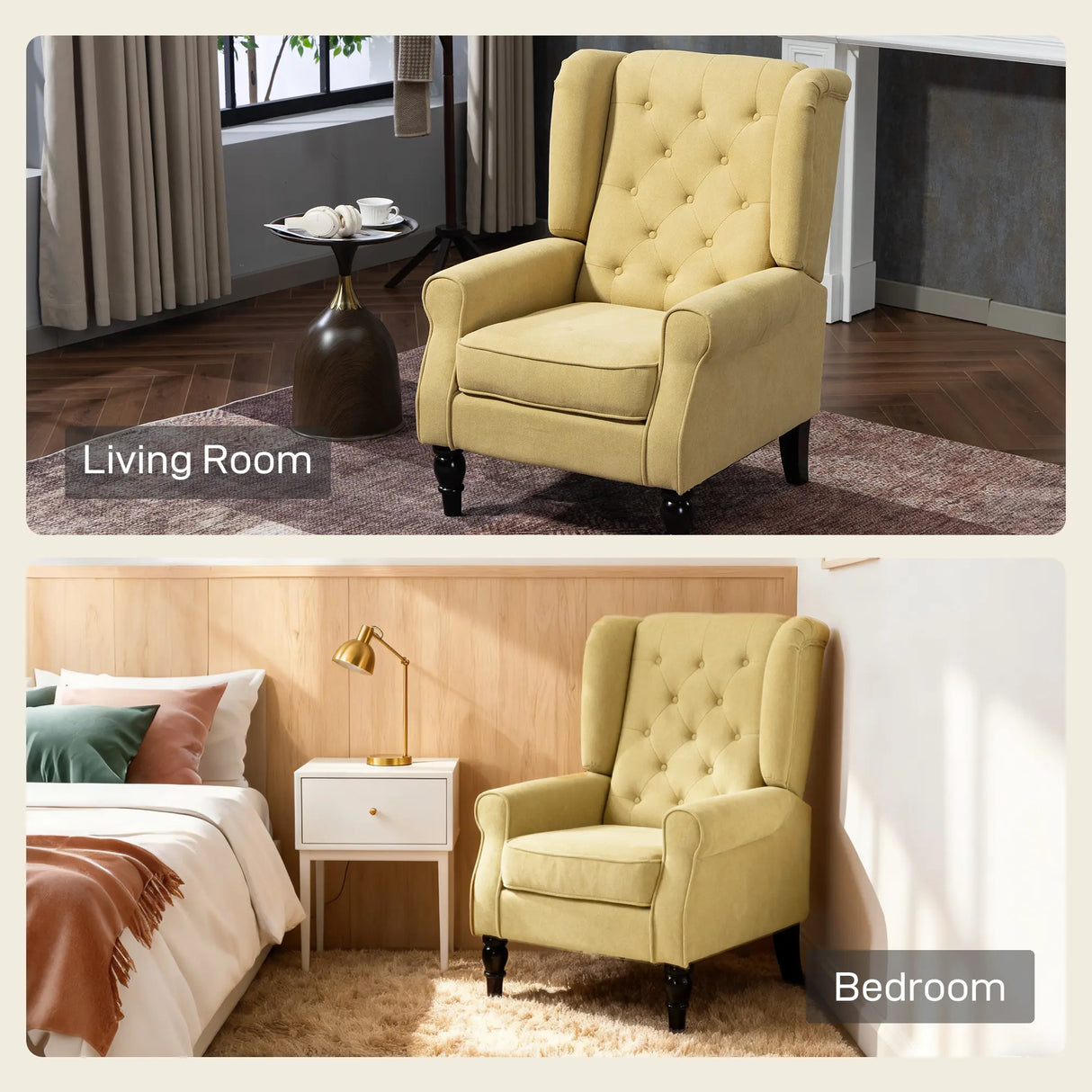 HOMCOM Wingback Accent Chair, Retro Upholstered Button Tufted Occasional Chair for Living Room and Bedroom, Yellow