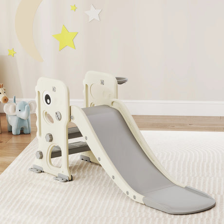 AIYAPLAY 3 in 1 Kids Slide with Climber, Basketball Hoop and Ball, Foldable Indoor Toddler Slide for Ages 2-5, Cream White
