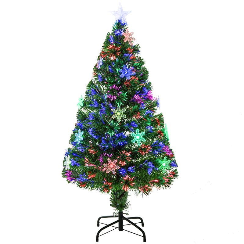 HOMCOM 4FT Green Fibre Optic Artificial Christmas Tree Xmas Colourful LED Scattered Tree with Snowflakes Ornaments Fireproofing