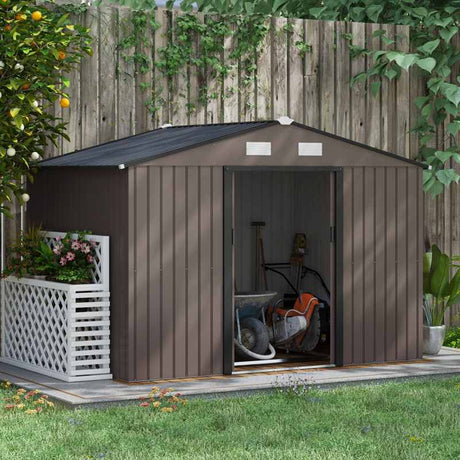 Outsunny 9 x 6ft Metal Garden Shed, Outdoor Storage Tool House with Ventilation Slots, Foundation Kit and Lockable Double Doors, Brown