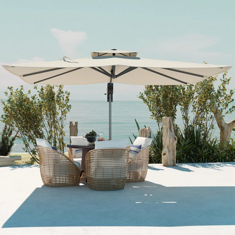 Outsunny 3.7 x 2.7 m Cantilever Parasol w/ 360 Rotation and Easy Tilt Adjustment, Aluminium Hanging Offset Outdoor Umbrella w/ Double Top and Cross Base, UPF50+ Hanging Sun Shade, Grey Wood Effect