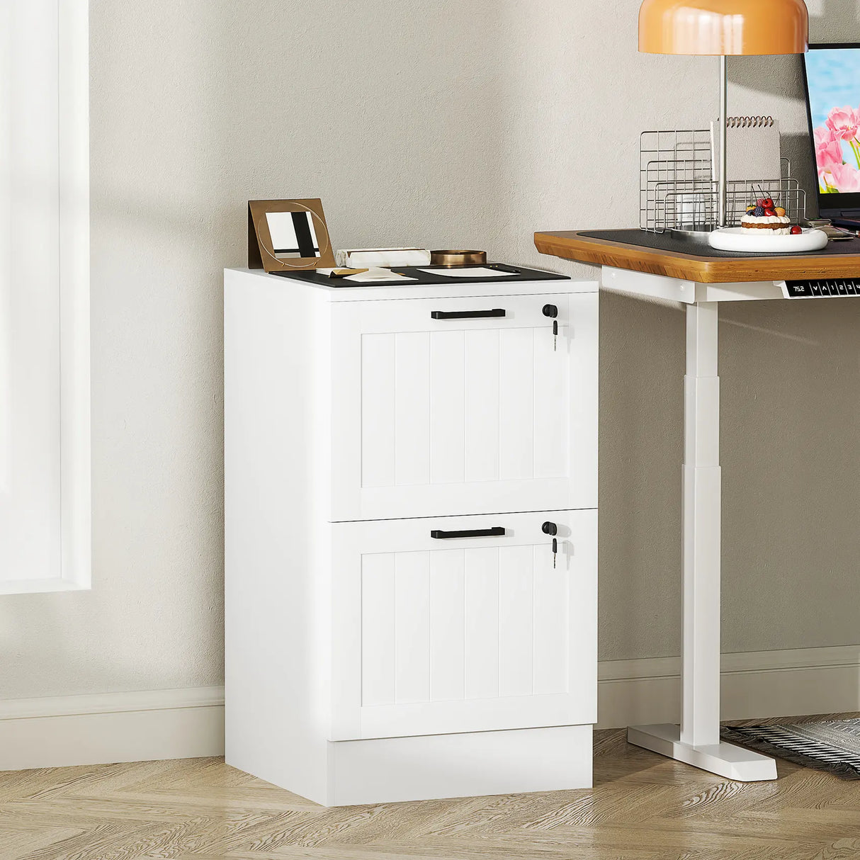 HOMCOM 2 Drawer Filing Cabinet with Lock, Office Storage Cabinet with Adjustable Hanging Bars for A4 Letter Size Files, White
