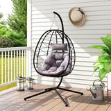 Outsunny Hanging Egg Chair Outdoor Indoor Garden Swing Chair with Folding Basket, Thickened Cushion, Garden Hanging Chair with Stand, Headrest for Patio, Balcony, Grey