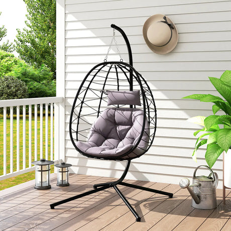 Outsunny Hanging Egg Chair Outdoor Indoor Garden Swing Chair with Folding Basket, Thickened Cushion, Garden Hanging Chair with Stand, Headrest for Patio, Balcony, Grey