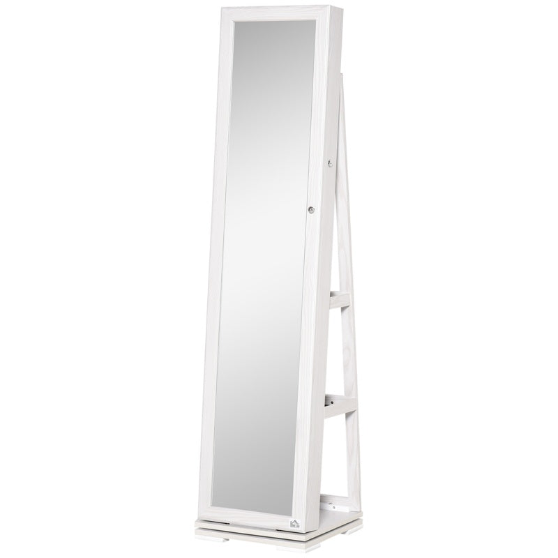 HOMCOM 360° Swivel Jewellery Cabinet, Mirror Armoire, Full Length Mirror, Lockable Jewellery Organizer with Built-In Small Mirror, White