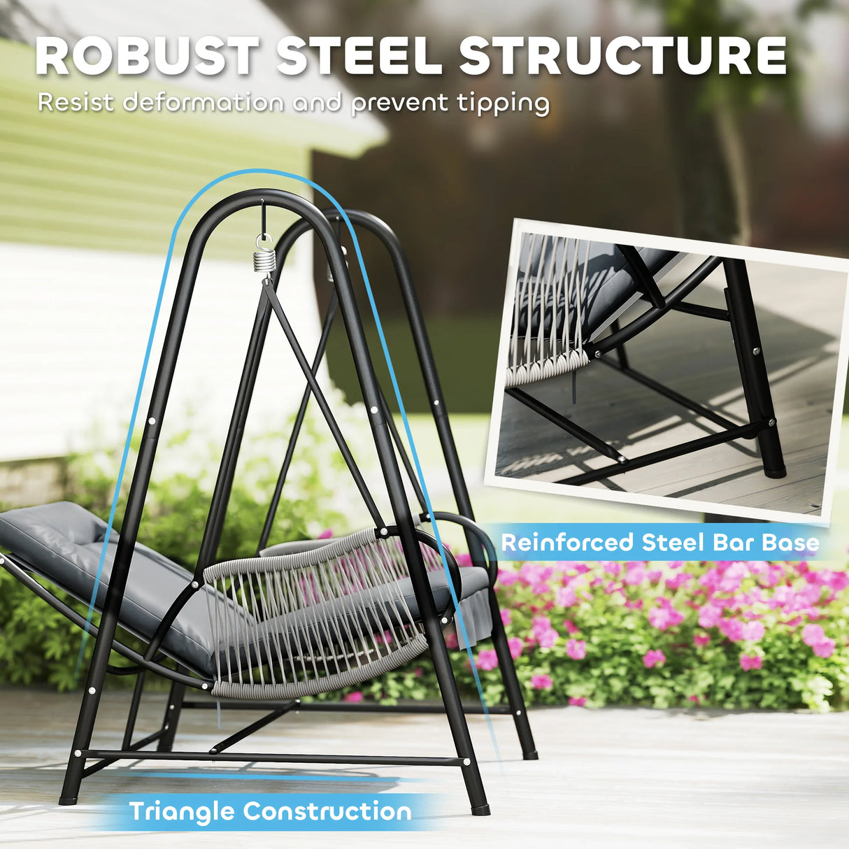 Outsunny Rattan Swing Chair, Outdoor Garden Hanging Swing Seat with Stand and Seat Cushion, Porch Hanging Chair for Balcony, Garden, Deck, Light Grey