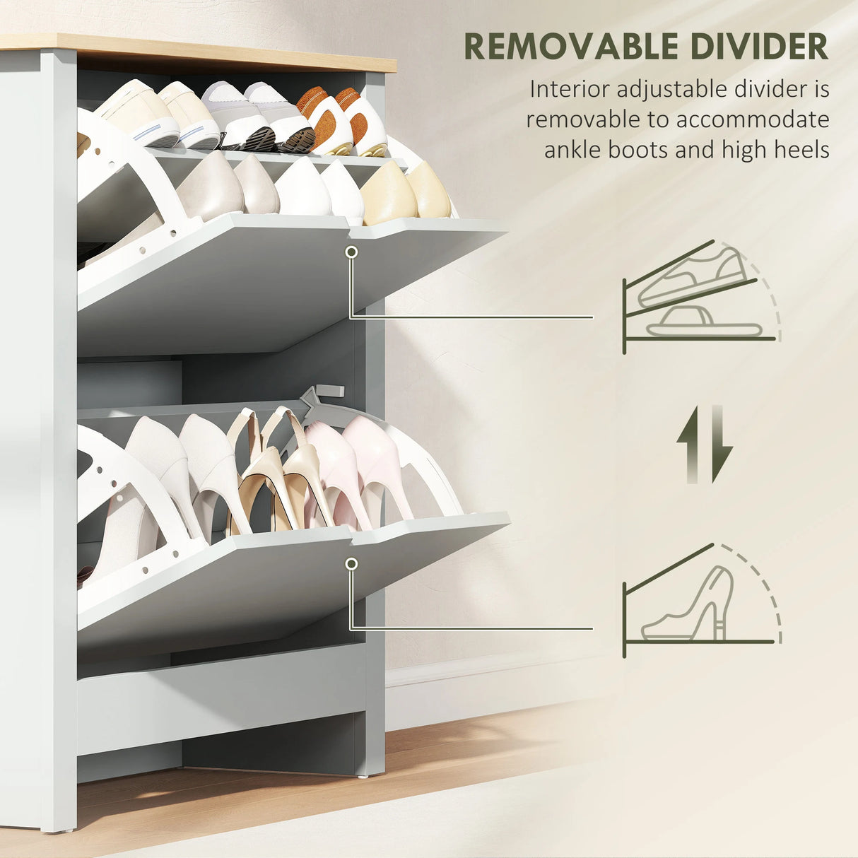 HOMCOM Slim Shoe Cabinet, Narrow Shoe Cupboard with 2 Flip Drawers, Adjustable Shelves for 12 Pairs of Shoes, Light Grey