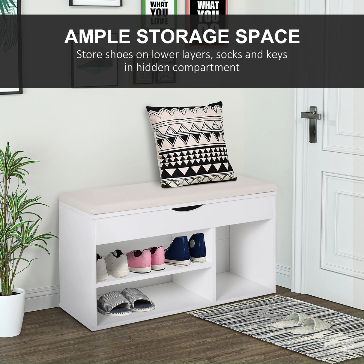 HOMCOM Wooden Shoes Cabinet Bench Hidden Storage Padded Seat Organiser Footwear Rack Hallway White 80 x 30 x 47 cm