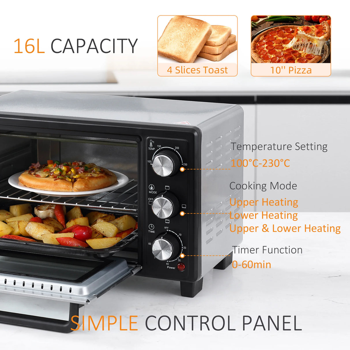 HOMCOM 16L Mini 1400W Countertop Oven - Black/Silver Tone