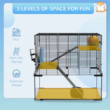 PawHut 3 Tiers Hamster Cage, Gerbil Cage with Deep Glass Bottom, Non-Slip Ramps, Platforms, Hut, Exercise Wheels, Water Bottle, Dish, for Syrian Hamster, Dwarf Hamster, 60 x 40 x 57cm