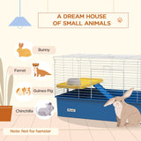 PawHut Chinchillas Small Rabbit Guinea Pig Small Animal Cage, Pet Playhouse, with Platform, Ramp, 99 x 52 x 53cm, Blue