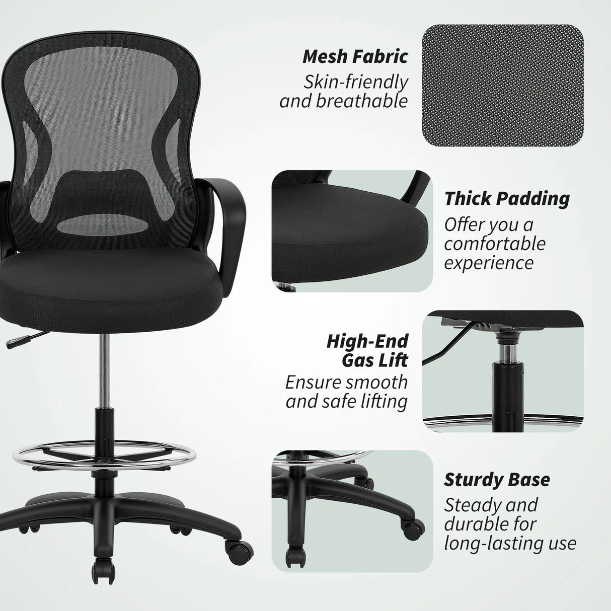 Vinsetto Drafting Chair with Adjustable Footrest, Ergonomic Mesh Office Chair with Lumbar Support, Adjustable Height for Standing Desk, Black