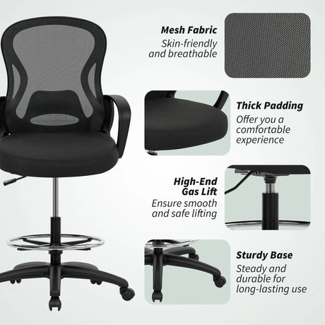 Vinsetto Drafting Chair with Adjustable Footrest, Ergonomic Mesh Office Chair with Lumbar Support, Adjustable Height for Standing Desk, Black