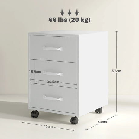 HOMCOM 3 Drawer File Cabinet, Mobile Filing Cabinet on Wheels for Home Office, Study, White