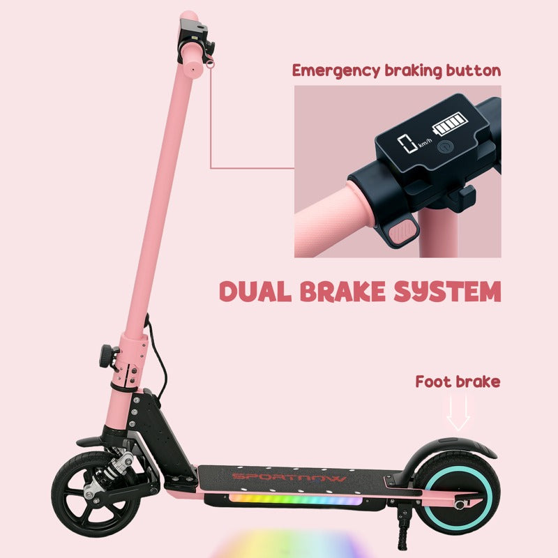 SPORTNOW Folding Electric Scooter for Kids Age 6-14 with Dual Brakes, Front Suspension, LED Colourful Lights and Display, 6.8kg Lightweight Aluminium E Scooter, Up to 14 KM/H & 6 KM, Pink