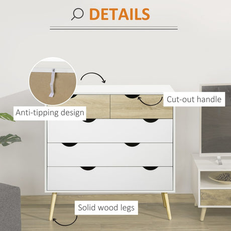 HOMCOM Nordic Style Chest of Drawers, 5 Drawer Dresser with 4 Tapered Legs and Groove Handles, Storage Organizer Side Cabinet for Bedroom, Living Room