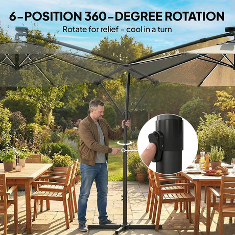 Outsunny 3 m Garden Cantilever Parasol with LED Solar Light, Round Overhanging Umbrella with 360 Rotation, Cover, Grey