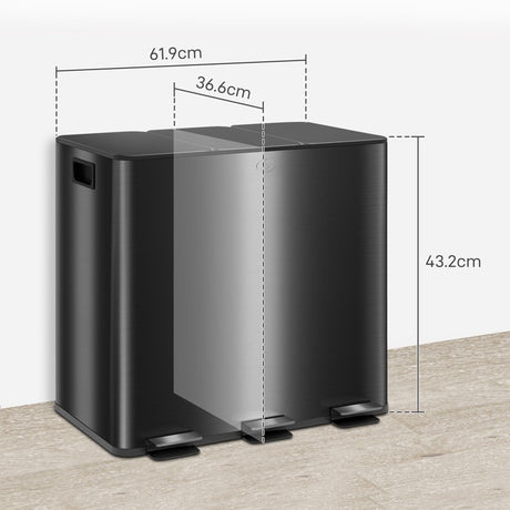 HOMCOM 3 x 15L Pedal Bin, Steel Triple Kitchen Bin with Soft Close Lid, Removable Inner Buckets, Fingerprint-Proof, Black