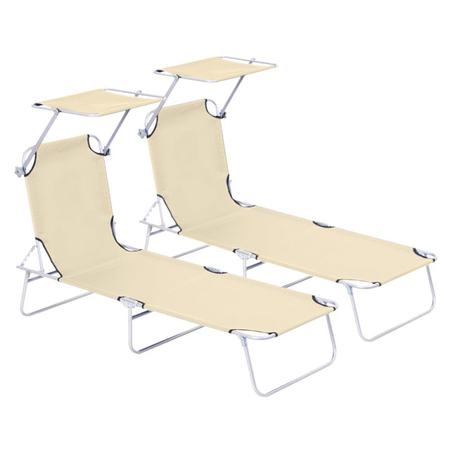 Outsunny 2 Pieces Outdoor Foldable Sun Lounger, 4 Level Adjustable Backrest Reclining Sun Lounger Chair with Angle Adjust Sun Shade Awning for Beach, Garden, Patio, Beige