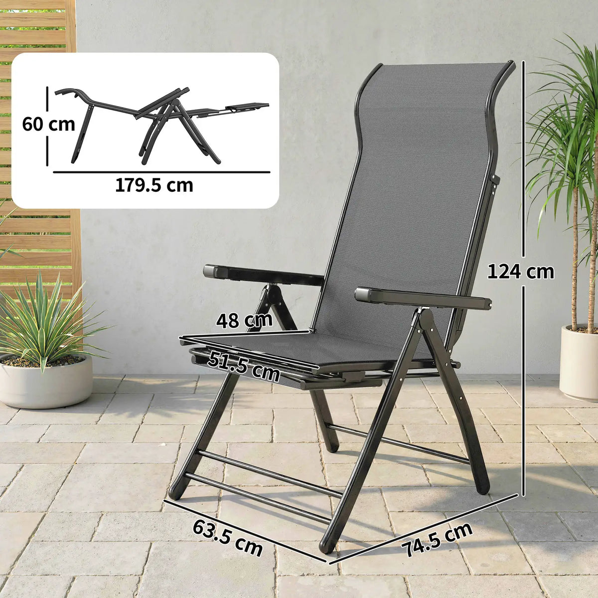 Outsunny Reclining Garden Chairs Set of 2, 5-Position Folding Sun Loungers with High Back, Retractable Footrest, Dark Grey