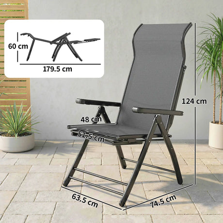 Outsunny Reclining Garden Chairs Set of 2, 5-Position Folding Sun Loungers with High Back, Retractable Footrest, Dark Grey