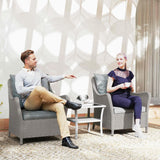 Outsunny Rattan Garden Chairs Set of 2, Outdoor Rattan Chairs with Cushions, Armrests and High Back, PE Wicker Garden Armchair with Steel Frame for Balcony, Porch, Light Grey