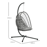 Outsunny Outdoor PE Rattan Swing Chair with Foldable Basket and Cushion, Garden Patio Hanging Egg Chair with Metal Stand, Headrest for Indoor and Outdoor, Light Grey