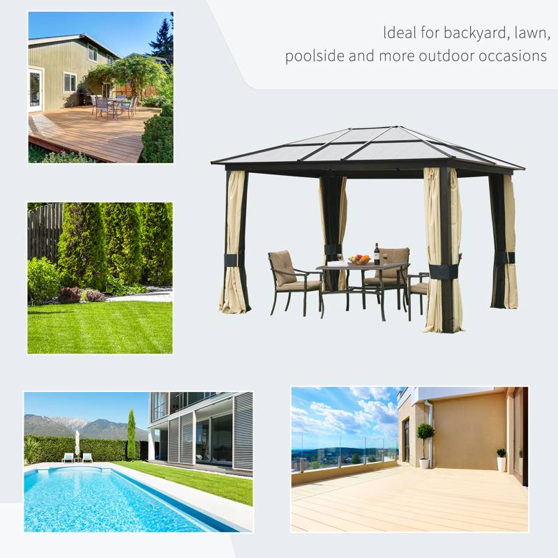 Outsunny 3 x 3.6(m) Hardtop Gazebo Canopy with Polycarbonate Roof and Aluminium Frame, Garden Pavilion with Mosquito Netting and Curtains, Brown