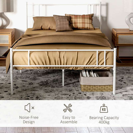 HOMCOM Double Metal Bed Frame Solid Bedstead Base with Headboard and Footboard, Metal Slat Support and Underbed Storage Space, Bedroom Furniture, White