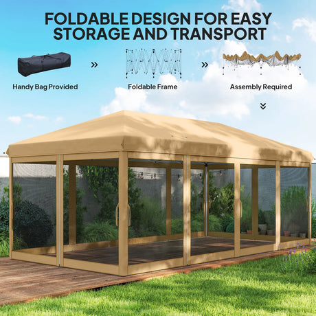 Outsunny 3 x 6m Pop Up Gazebo, Outdoor Canopy Shelter, Marquee Party Wedding Tent with 6 Mesh Walls and Carry Bag, Beige