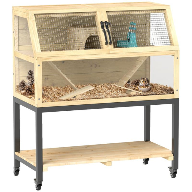 PawHut Wooden Hamster Cage with Storage Shelf, Wheels, Ramps, Water Bottle, Hut, Seesaws, 87 x 43 x 101cm