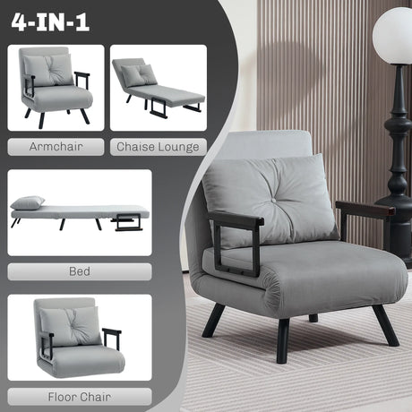 HOMCOM 4-in-1 Velvet-Feel Single Chair Bed, with Pillow - Light Grey