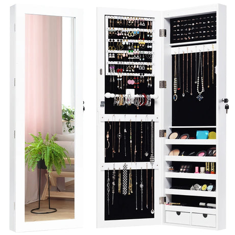 Door Mounted Lockable Mirrored Jewelry Cabinet with LED Lights
