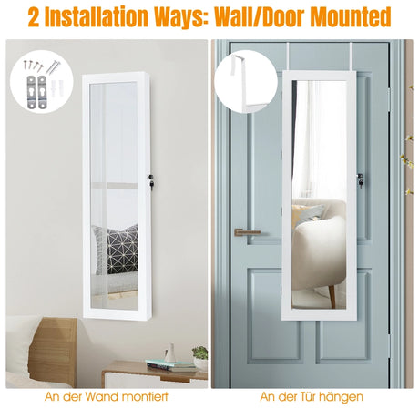 Door Mounted Lockable Mirrored Jewelry Cabinet with LED Lights