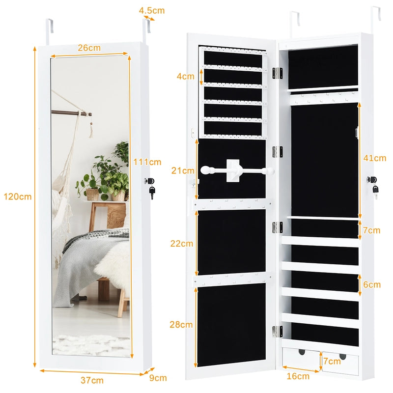 Door Mounted Lockable Mirrored Jewelry Cabinet with LED Lights