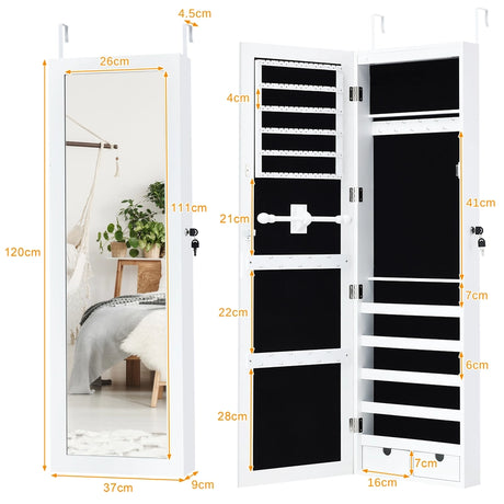 Door Mounted Lockable Mirrored Jewelry Cabinet with LED Lights