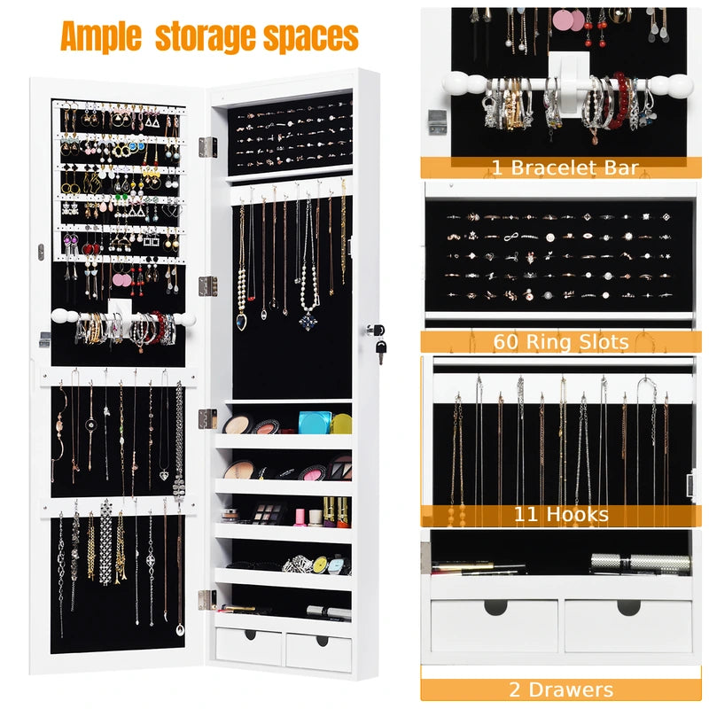 Door Mounted Lockable Mirrored Jewelry Cabinet with LED Lights