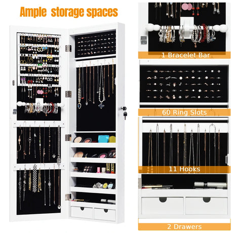 Door Mounted Lockable Mirrored Jewelry Cabinet with LED Lights