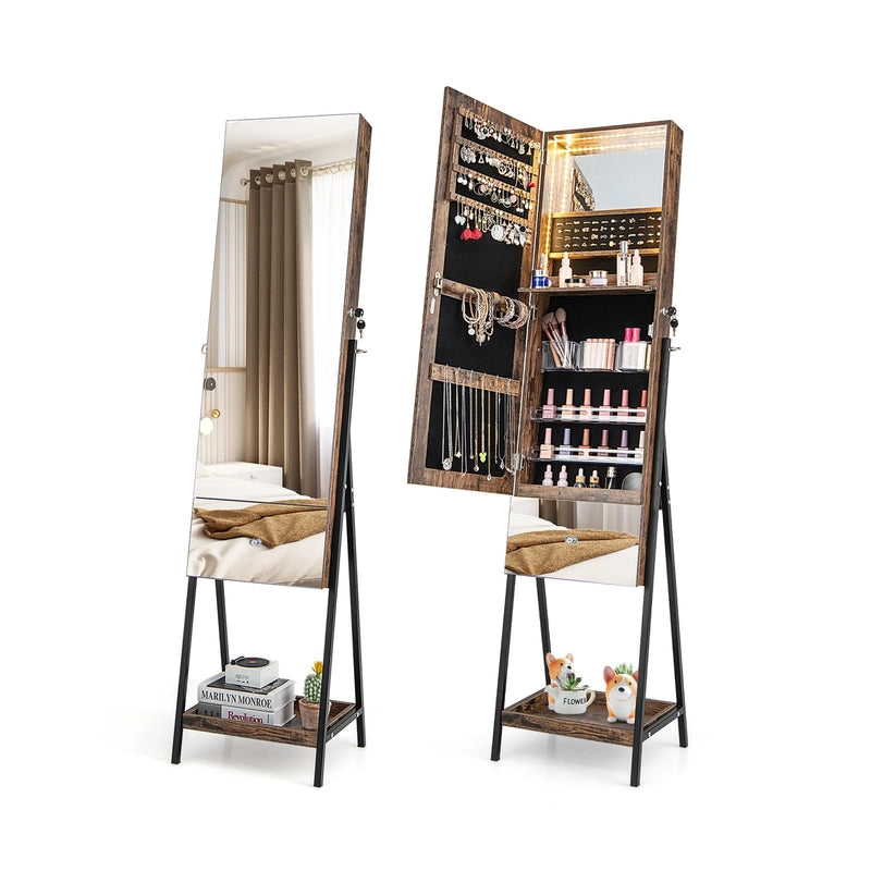 Lockable Freestanding Jewelry Organizer with Full-Length Frameless Mirror-Rustic Brown