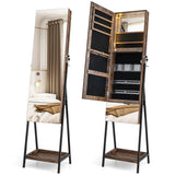 Lockable Freestanding Jewelry Organizer with Full-Length Frameless Mirror-Rustic Brown
